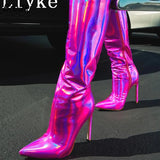 Sexy Party Nightclub Stripper Knee High Boots Female Green Smooth Patent Leather Pointed Toe Heels Women Shoes Zip