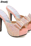 Bling Women Mules Shoes Sandals Summer With Butterfly-knot Sexy Super High Heel Slip-on Women Shoes Big Size
