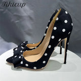 Polka Dot Women Black Satin Stiletto High Heels with Bowknot Chic Ladies Designer Dress Shoes Pointed Toe Silk