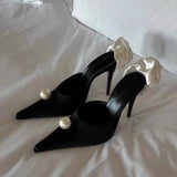 Breakj New Pointed Thin With Super High With Silk Rose Back Empty Pearl Large Size Baotou Slipper