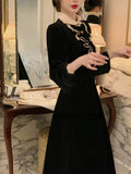 Vintage Lace Midi Dress Elegant 2023 Autumn Slim Long Sleeve Black Velvet Dress Casual Party Korean Fashion Dress