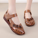 Summer New Head Layer Cowhide Flat Bottom Women's Shoes National Wind Leather Hollow Out Small Flower Women's Sandals Mother