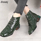 Women Boots 2023 New Woman Short Boots Soft Patent Genuine Leather Autumn/Winter Shoes Square Heels Female
