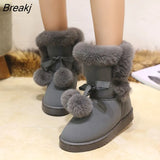 Fur Women Snow Boots Suede Winter Shoes Fur Ball Mid-Calf Boots Female Fashion Boots Non-Slip Snow Casual botas de