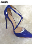 Women Patent PU Cross Strap Stiletto Pumps Pointed Toe 10cm High Heels for Elegant Ladies Chic Dress Shoes QP101