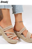 Women Slide Sandals Espadrille Platform Shoes Wedge Fashion Open Toe Straw Summer Slipper Comfy Casual 2023Women's