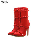 Fashion Luxury Women 11.5cm High Heels Fetish Rivets Silk Sock Boots Stiletto Ankle Boots Scarpins Studded Red Spring
