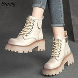 Genuine Leather Boots Women Autumn 2023 New Handmade Zip Women's Ankle Boots Platform Thick Heel Motorcycle Boots