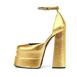 Platform Shoes Women Rhinestone Ankle Strap Prom Shoes Stylish Gold Silver Women Pumps Square Toe Thick Bottom