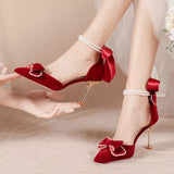 Ankle Strap Pumps Women Luxury Bowknot Red Dance Shoes Woman Sexy Pointed Toe Velvet Stiletto High Heels Sapatos