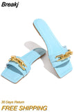 Women's Slippers 2023 Summer Transparent Chain Luxury Square Head Flat Heel Female plus size outdoor beach women slides
