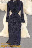 Women Elegant Winter Dress Floral Print Vintage Party Dress Sexy V-neck Full Sleeve Empire Folds Split Evening Club Velvet
