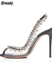 New Summer Transparent Shoes For Women Crystal Chain High Heel Women's Sandals Peep Toe Slingback Women Pumps Wedding
