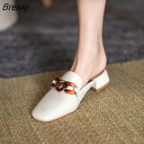 2023 Fashion One-word Flip-flops Metal Buckle Medium Thick Heel Toe Sandals Ladies Outer Wear Square Toe Mules 34-40