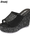 Golden Women Slippers Summer Shoes Platform(4cm) Outside Fitting-room 11cm High Heels Wedges Solid Mesh Female