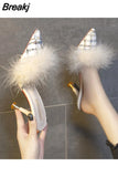 Pointed Toe High Heel Muller Slippers Woman Fashion Muller Shoes Rubber Sole Pumps Outdoor Stiletto PU Leather Party