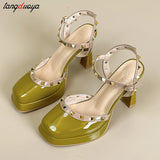 platform heels sandals Mary Jane Shoes Buckle Pumps Women Elegant Shallow Square Toe Footwear Outdoor Lady Shoes