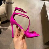 Women's Luxury Sandals Summer Pink Satin Open Toe Stiletto Sandals Concise High Heels Women Pumps Ankle Straps Designer