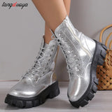 Boots Women Mid Calf new Autumn Winter Lace-up Ladies Chelsea Zipper Botas Mujer Boots Sports Platform Heel Ladies