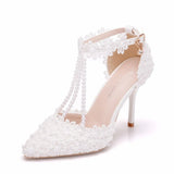 Breakj White Lace Wedding Shoes One-Word Wristband Bridal Shoes Fine Heel Tip Wedding Shoes Women's