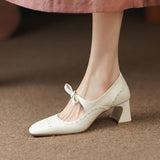Women's Wedding Shoes Bow Mary Jane Shoes High Heels Retro Pumps Vintage Dress Shoes Embossing Zapatos Mujer