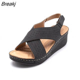 Women Sandals New Summer Shoes Woman Ladies Sewing Hollow Out Wedges Female Casual Pu Leather Comfortable Retro