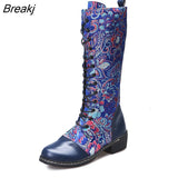 New Women's Knee Boots Bohemian Mid-calf Boots Women Vintage Boots Women Shoes Woman Zipper Printing Women's