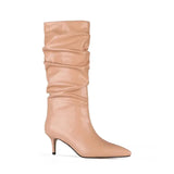Women Mid-Calf Boots Sexy Solid Color Leather Folds Boots Pointed Toe Thin Heels Stiletto Party Shoes Large Size