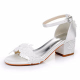 Breakj Cm Square Sandals Shallow Mouth With Coarse Sandals Horseshoes And White Lace Flowers Bride Wedding