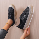 Women Sneakers Woven Gold Sequins Single Shoes Round Head Lace-Up Retro Platform Flats Shoes Light Cozy Walking Vulcanized
