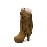 Autumn Winter Women Modern Boots Size 34~50 Superior Nubuck High Heel Tassel Decorate Midi Calf Boots Casual Platform