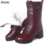 Boots Women Genuine Leather High-heeled Large Size Motorcycle Boots Women New Wool Warm Winter Boots for