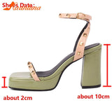 New Fashion 2023 Chunky High Heels Sandals Summer Ankle Buckle Riveted Design Ladies Sandals Comfy Walking Simply