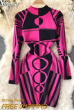 Women Autumn Long Sleeve Sweater Dress 2023 Elegant Ladies Stand Collar Geometric Print Slim Bodycon Mini Party Dress