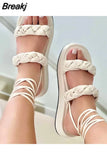 Women 2023 Fashion Woven Women's Sandals Summer Thick-soled Nude Lace-up Female Sandals Gladiator Beach Sandals