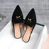 Shoes Mules For Women 2024 Ladies' Slippers Rivet Cover Toe Butterfly-Knot Low Square heel Loafers Flock New Pointed