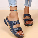 Double Buckle Wedge Slippers Women Summer 2023 Brown PU Leather Platform Sandals Woman Casual Non Slip Beach Flip
