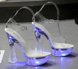 Glowing Sandals Women 2023 Summer New Flowers Transparent High Heels 14.5cm Platform Thick heel Ladies Banquet