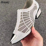 Women's Pointed Toe Sandals Luxury Breathable Mesh Bowknot Rhinestone Clear Elegant Mid-Heeled Simple Pump Shoes Mesh