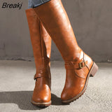 high Boots brown Women Vintage leather Square Heel Zipper knee height buckle Boot Keep Warm Round Toe Shoes British