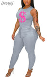 Sexy Women Skinny Two Piece Sets Summer Bodycon Tracksuits Sleeveless PrintingTop + Leggings Pants 2pcs Outfits