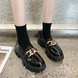 Women Spring New Black Platform Flats Shoes Women Loafers Slip on Boat Shoes Metal Chain Designer Casual Leather
