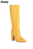 Women High Knee Boots Elegant Crocodile Print Microfiber Long Boots Women Pointed Toe Chunky Heel Party Shoes Thick Bottom