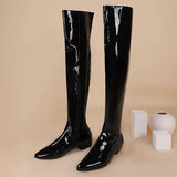 Women Over the Knee Boots Wide Calf Size 34~48 Candy Colour Chunky Low Heel Pointy Toe Patent Leather Comfortable Boot Zip