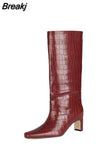 Retro Crocodile Print Woman Boots Square Toe Low Heel Blue Big Size Slip-on Knee-length Boots Autumn Shoes For