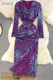 Women Elegant Winter Dress Floral Print Vintage Party Dress Sexy V-neck Full Sleeve Empire Folds Split Evening Club Velvet