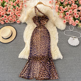 One Shoulder Leopard Print Long Dress Women Fashion Autumn Sleeveless High Waist Split Evening Party Mermaid Dress