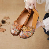New Head Layer Cowhide Flat Bottom Low Heel Women's Shoes National Wind Flower Skin Casual Women's Single Shoes Middle-Aged And Elderly Mother