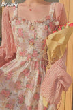 Strap Dress Women French Elegant Vintage Floral Dress Sweet 2023 Summer Fashion Clothing Party One Piece Dress