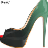 New Women Pumps Sexy Platform Peep Toe 14cm Extremely High Heels Stiletto Patent Leather Party Nighclub Red Wedding